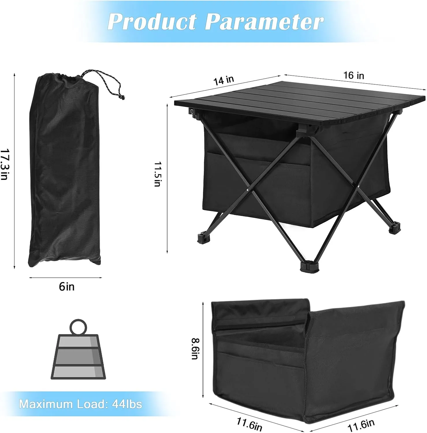 Foldable, Small Folding Table Portable with High-Capacity Storage and Carry Bag for Outdoor Camping, Traveling, Hiking, Fishing, Beach, BBQ, Picnics, Cooking, Black