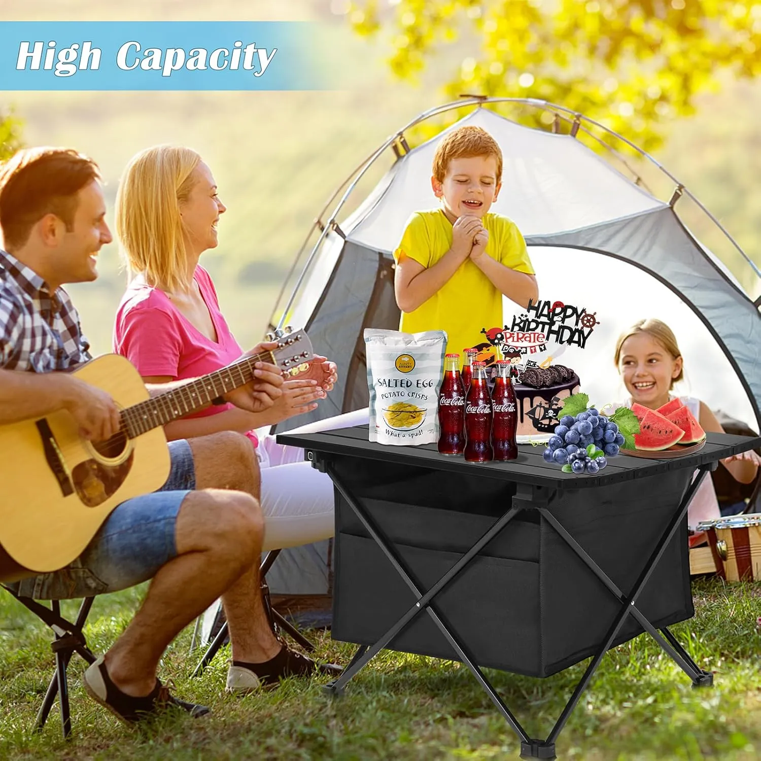 Foldable, Small Folding Table Portable with High-Capacity Storage and Carry Bag for Outdoor Camping, Traveling, Hiking, Fishing, Beach, BBQ, Picnics, Cooking, Black