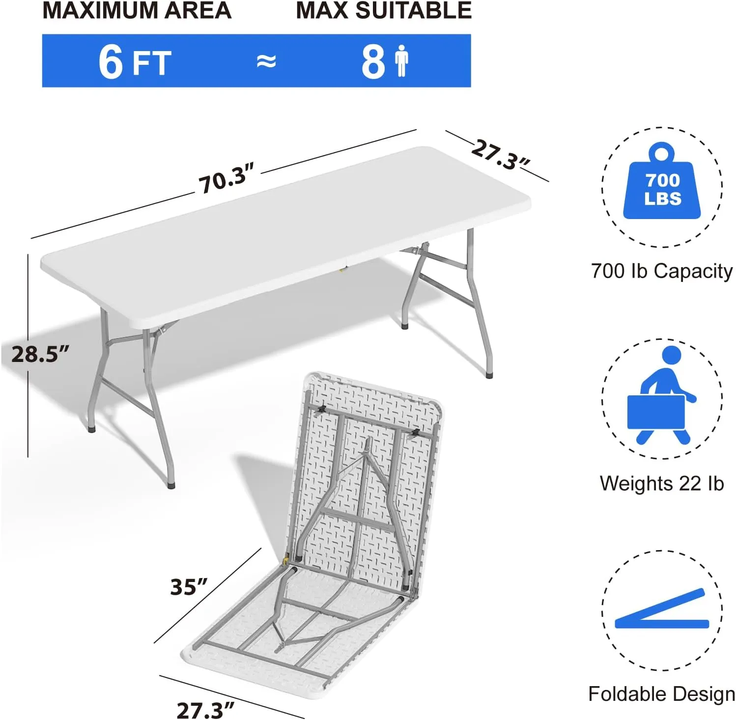 Foldable Table 6ft, Plastic Folding Table, Portable Heavy Duty Dining Table with Lock Function & Carrying Handle, Outdoor Indoor Foldable White Table for Camping Party Picnic