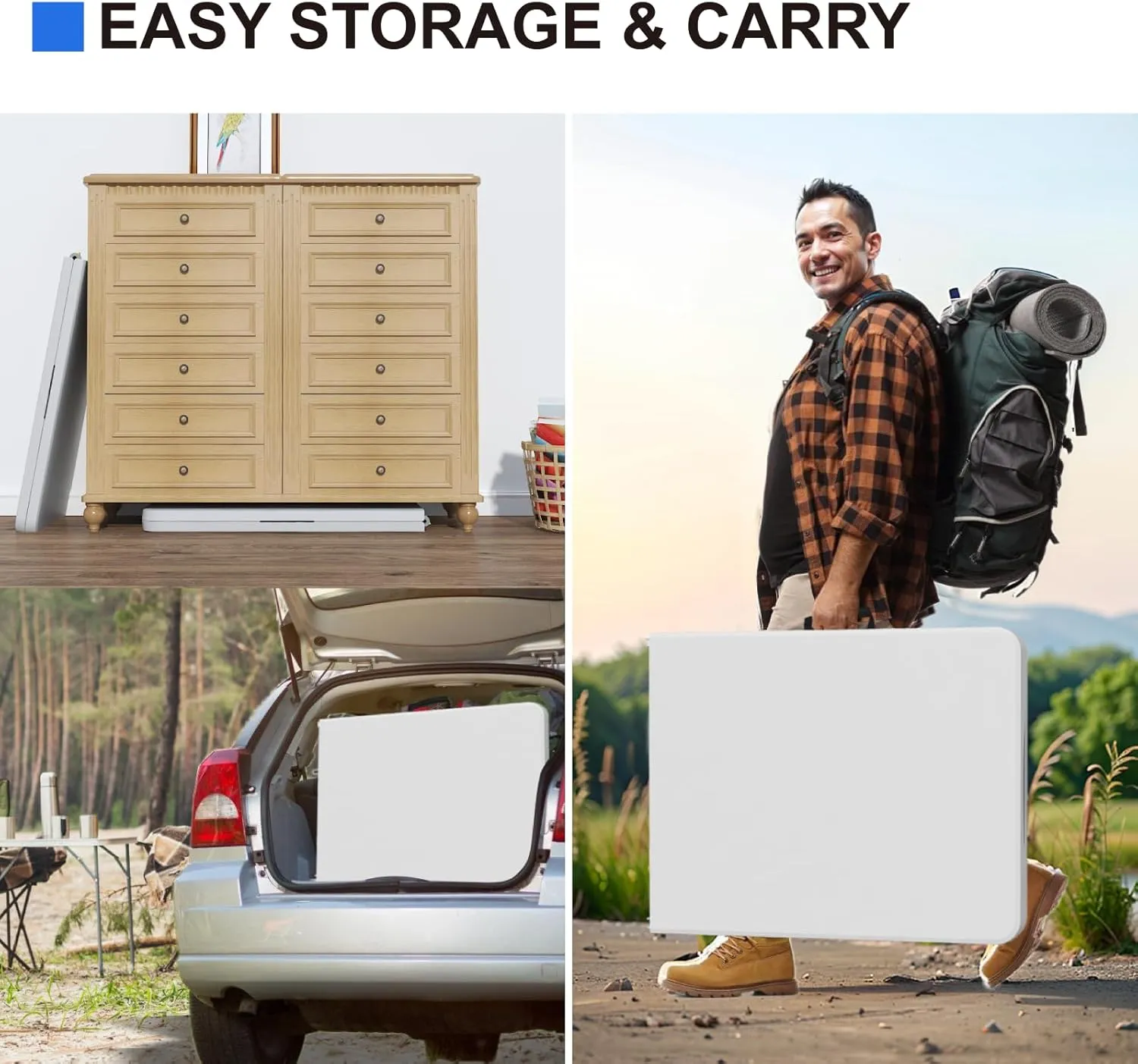 Foldable Table 6ft, Plastic Folding Table, Portable Heavy Duty Dining Table with Lock Function & Carrying Handle, Outdoor Indoor Foldable White Table for Camping Party Picnic