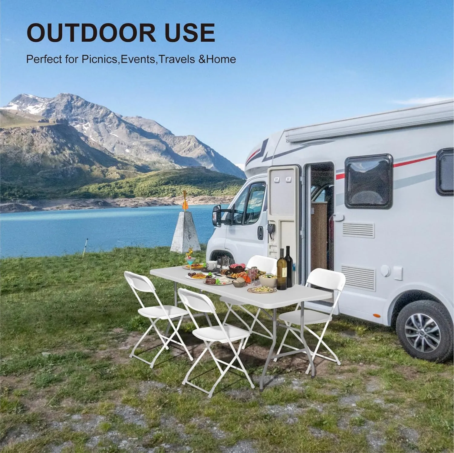 Foldable Table 6ft, Plastic Folding Table, Portable Heavy Duty Dining Table with Lock Function & Carrying Handle, Outdoor Indoor Foldable White Table for Camping Party Picnic