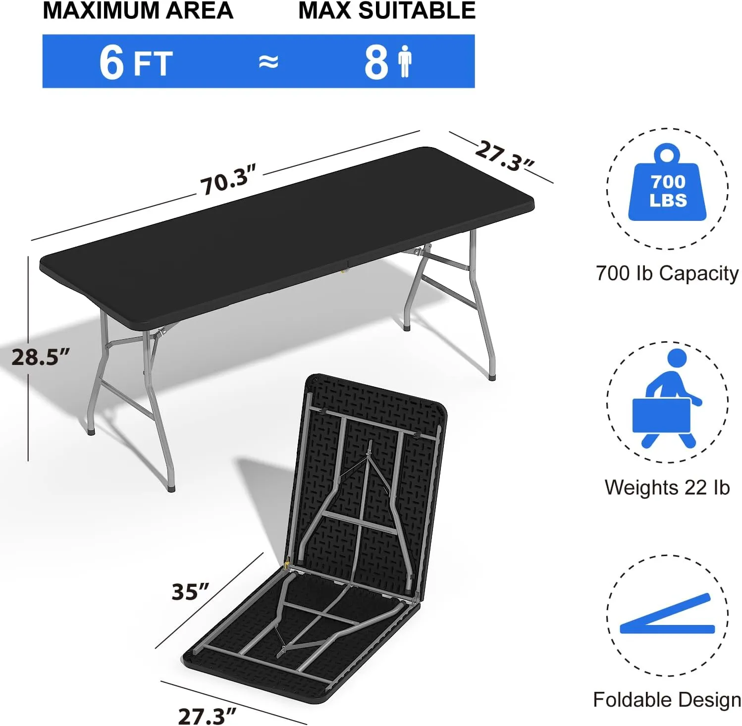 Foldable Table 6ft, Plastic Folding Table, Portable Heavy Duty Dining Tables with Lock Function & Carrying Handle, Outdoor Indoor Foldable Tables for Camping Party Picnic, Black