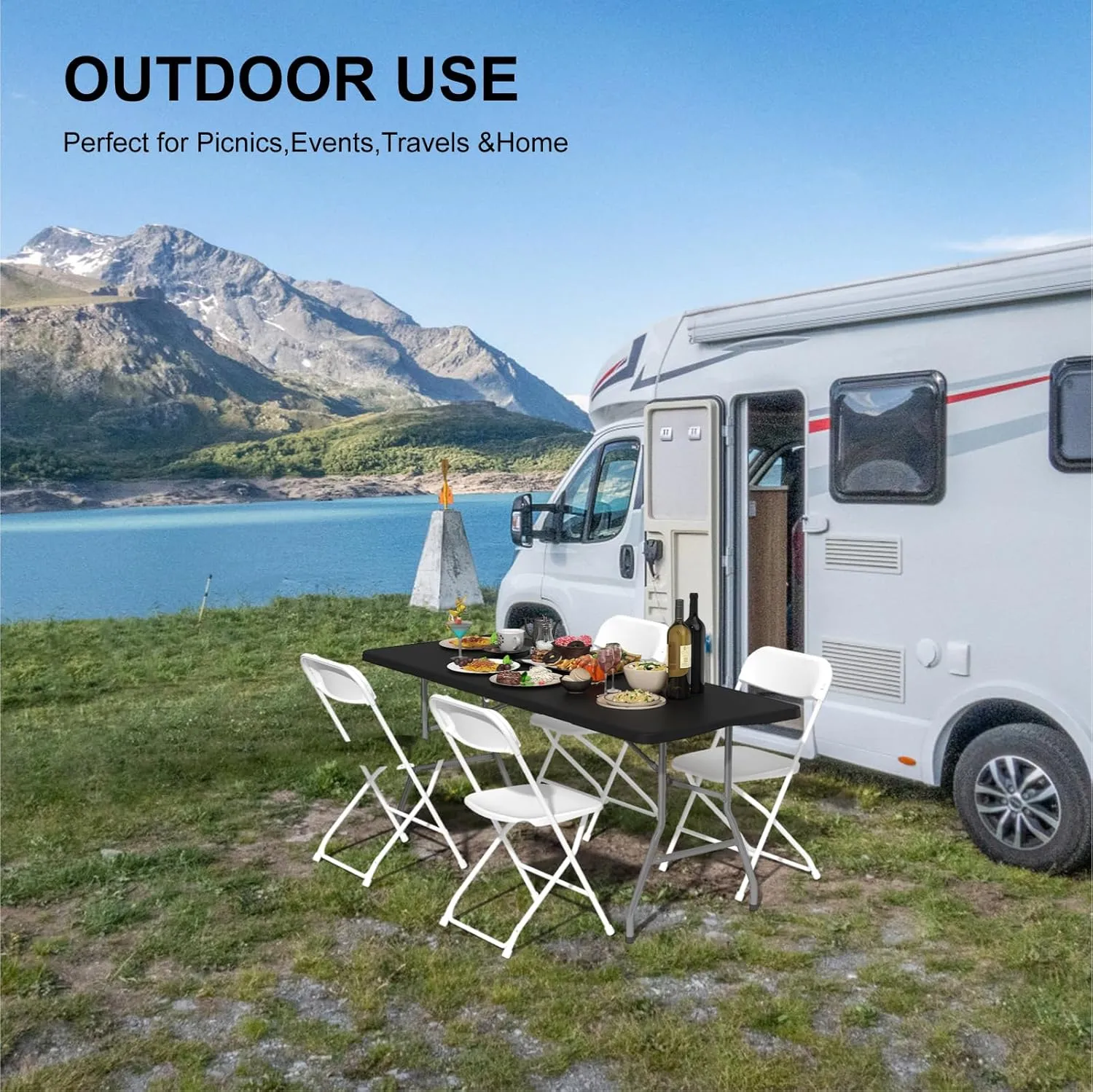 Foldable Table 6ft, Plastic Folding Table, Portable Heavy Duty Dining Tables with Lock Function & Carrying Handle, Outdoor Indoor Foldable Tables for Camping Party Picnic, Black