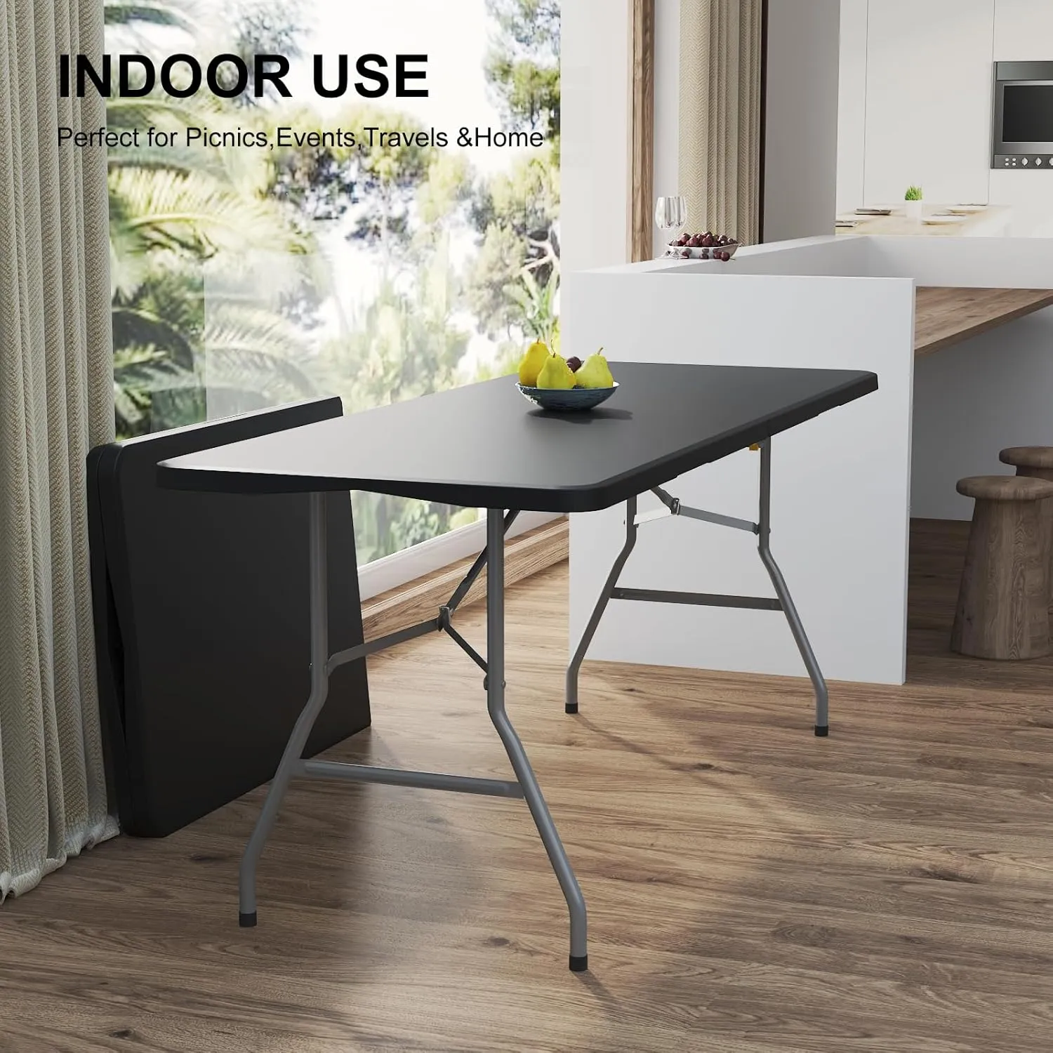 Foldable Table 6ft, Plastic Folding Table, Portable Heavy Duty Dining Tables with Lock Function & Carrying Handle, Outdoor Indoor Foldable Tables for Camping Party Picnic, Black