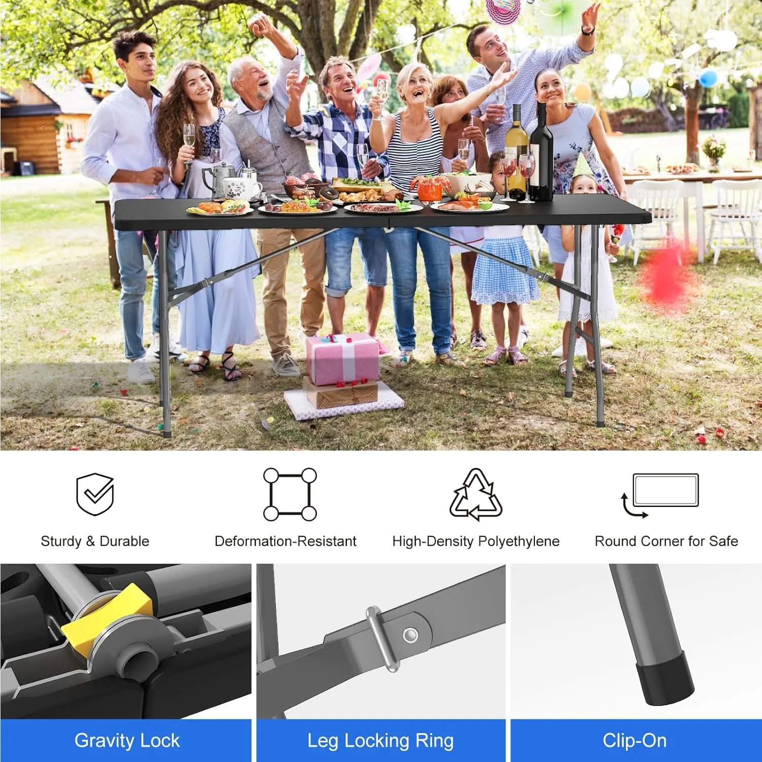 Foldable Table 6ft, Plastic Folding Table, Portable Heavy Duty Dining Tables with Lock Function & Carrying Handle, Outdoor Indoor Foldable Tables for Camping Party Picnic, Black