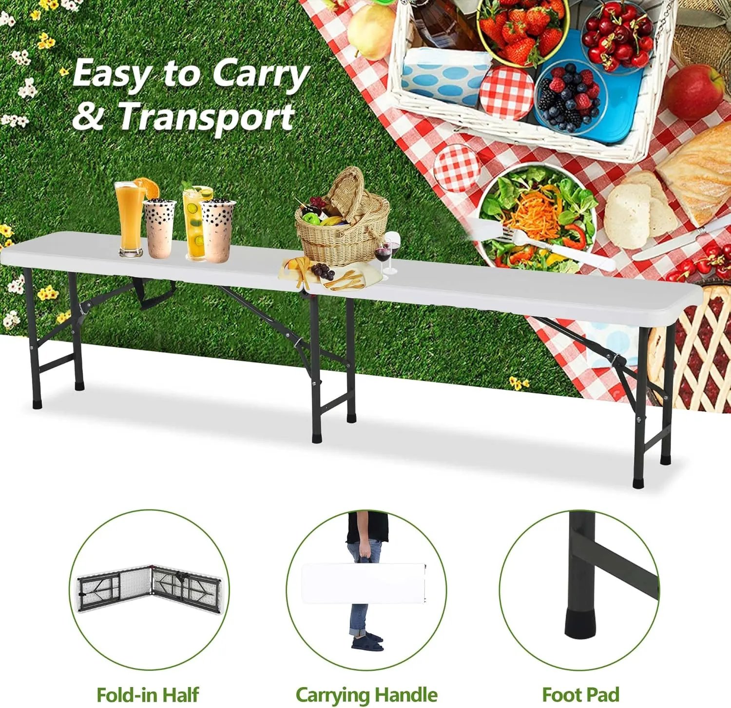 Folding Benches 6Ft Outdoor Dining Table, Portable Picnic Bench Fold Up Lightweight Party Benches, 6 Foot Folding Bench Outdoor Camping Bench, Mesas para Fiestas Beach Outdoor Benches Garden Bench
