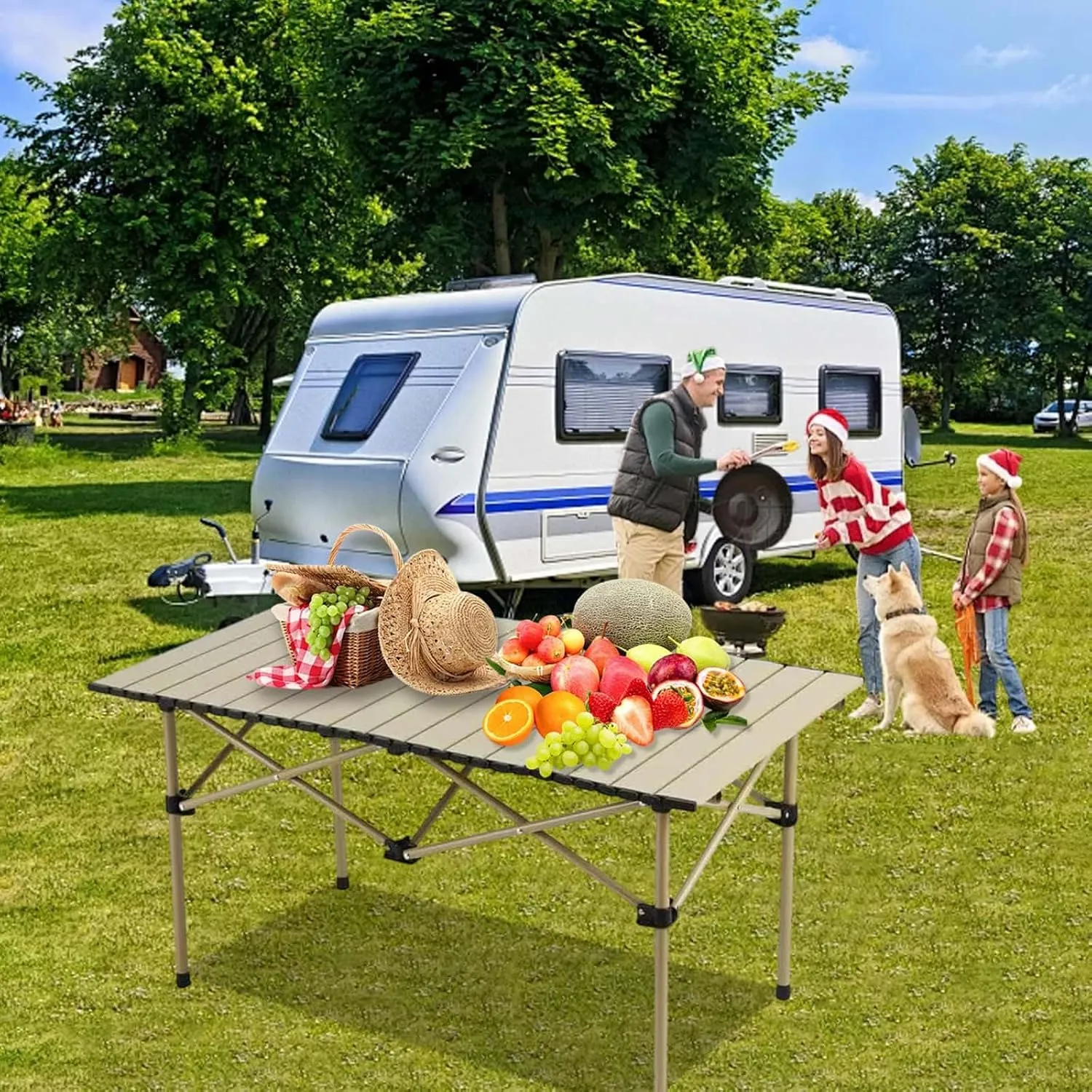 Folding Camping Table, Portable Beach Table,with Portable Bag，Suitable for Indoor, Outdoor, Camping, Backyard, Party, Patio, The Yellow Camping Table at The Beach