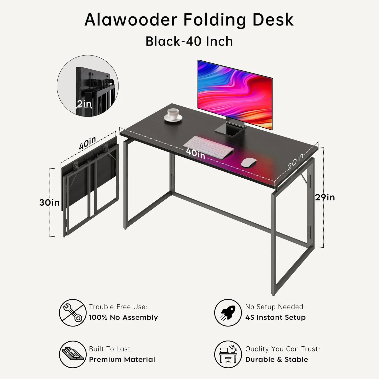 Folding Desk 40 Inch - Small Foldable Desk for Small Space Minimalist, Space Saving Collapsible Compact Desk Portable Table for Craft, Writing, Study and Work (No Assembly Required)
