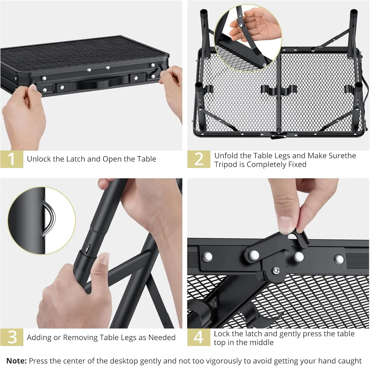 Folding Grill Table, Aluminum Camping Table Adjustable Height Max 27.5" Picnic Table Outdoor Table, Lightweight, Portable Handle for Travel Cooking BBQ Picnic, 22.8" x 16", Black