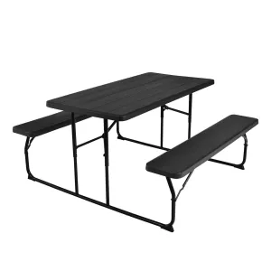 Folding Picnic Black Table Bench Set with Wood-like Texture