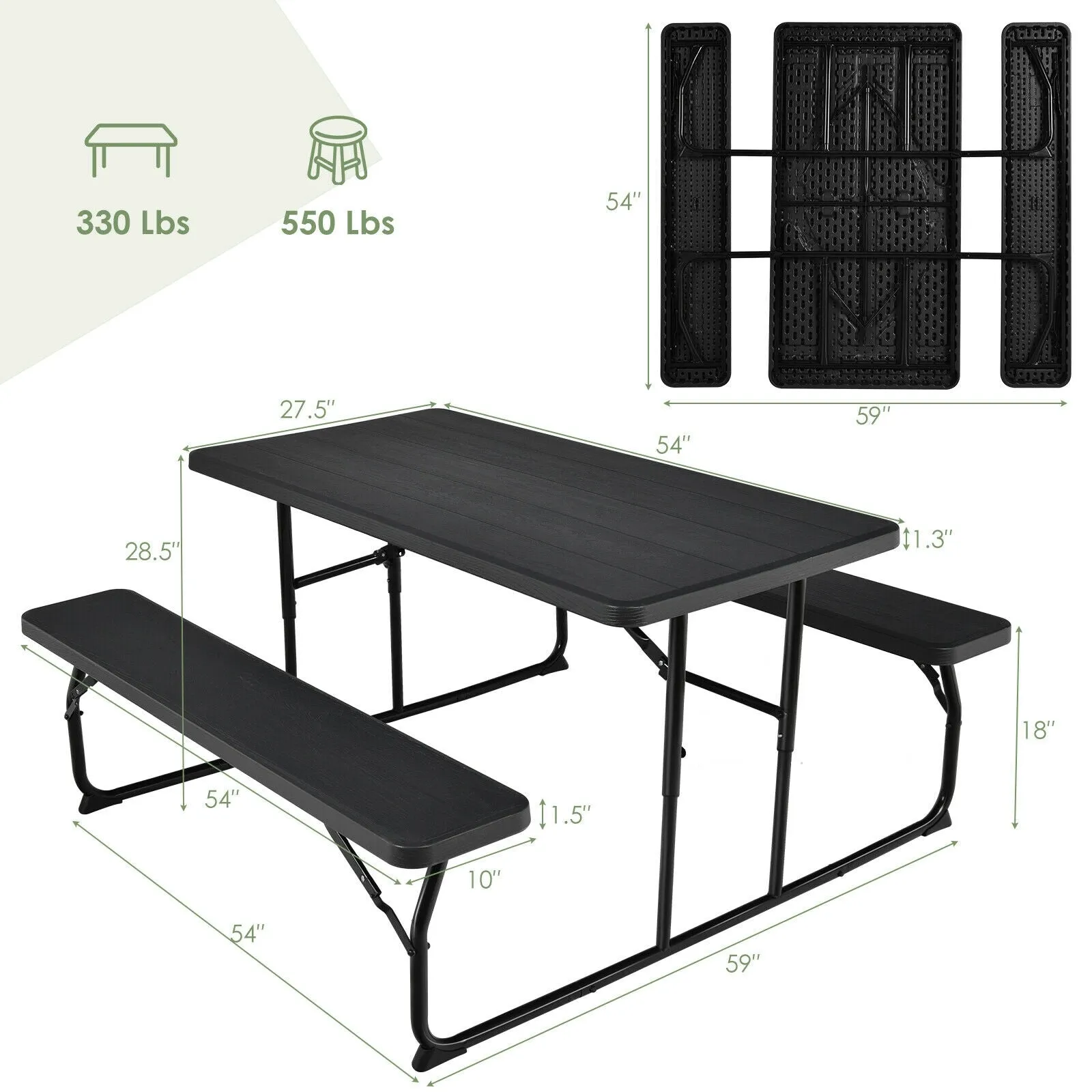 Folding Picnic Black Table Bench Set with Wood-like Texture