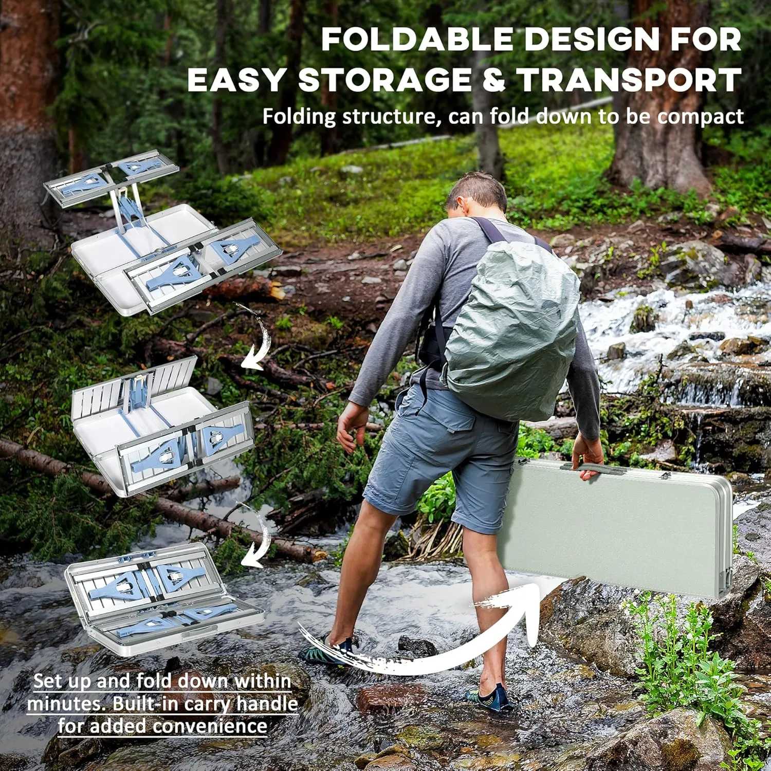 Folding Picnic Table Set with 4 Seats & Umbrella Hole, Portable Camping Chairs, Lightweight Aluminum Frame, Easy Setup & Takedown for Camping & Outdoor Activities, Silver