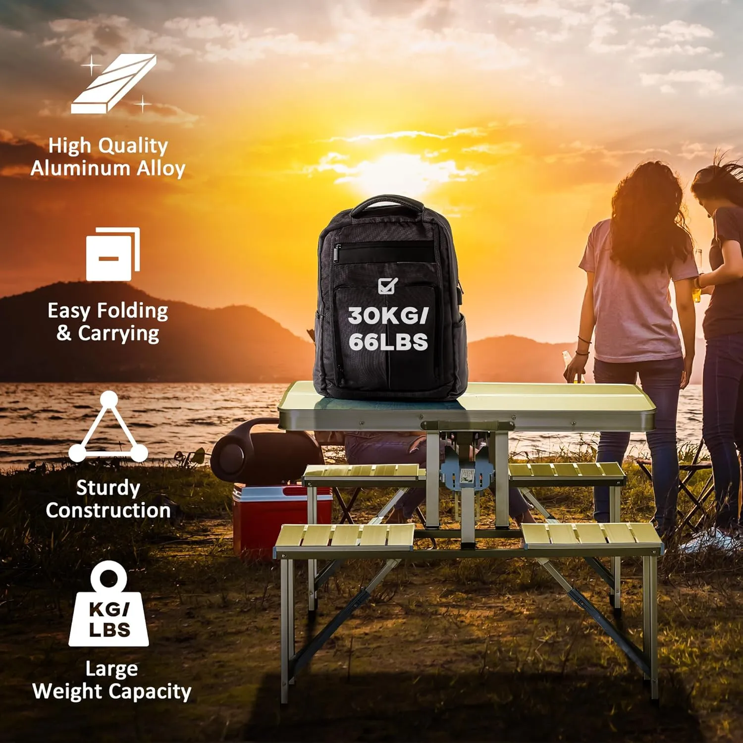 Folding Picnic Table Set with 4 Seats & Umbrella Hole, Portable Camping Chairs, Lightweight Aluminum Frame, Easy Setup & Takedown for Camping & Outdoor Activities, Silver