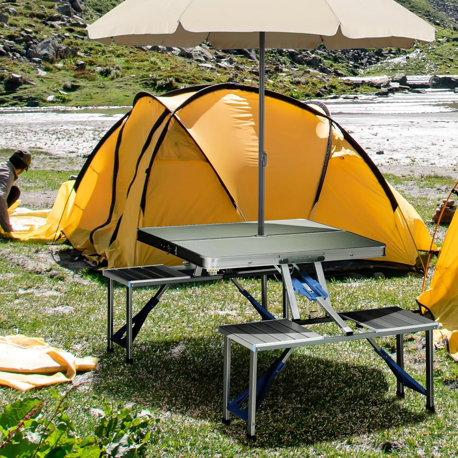 Folding Picnic Table Set with 4 Seats & Umbrella Hole, Portable Camping Chairs, Lightweight Aluminum Frame, Easy Setup & Takedown for Camping & Outdoor Activities, Silver