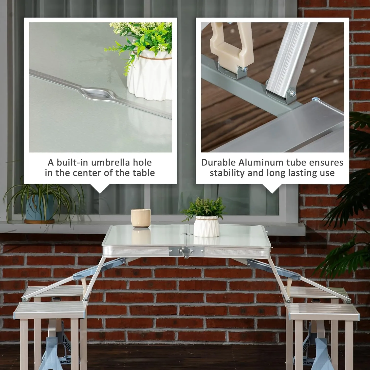 Folding Picnic Table Set with 4 Seats & Umbrella Hole, Portable Camping Chairs, Lightweight Aluminum Frame, Easy Setup & Takedown for Camping & Outdoor Activities, Silver