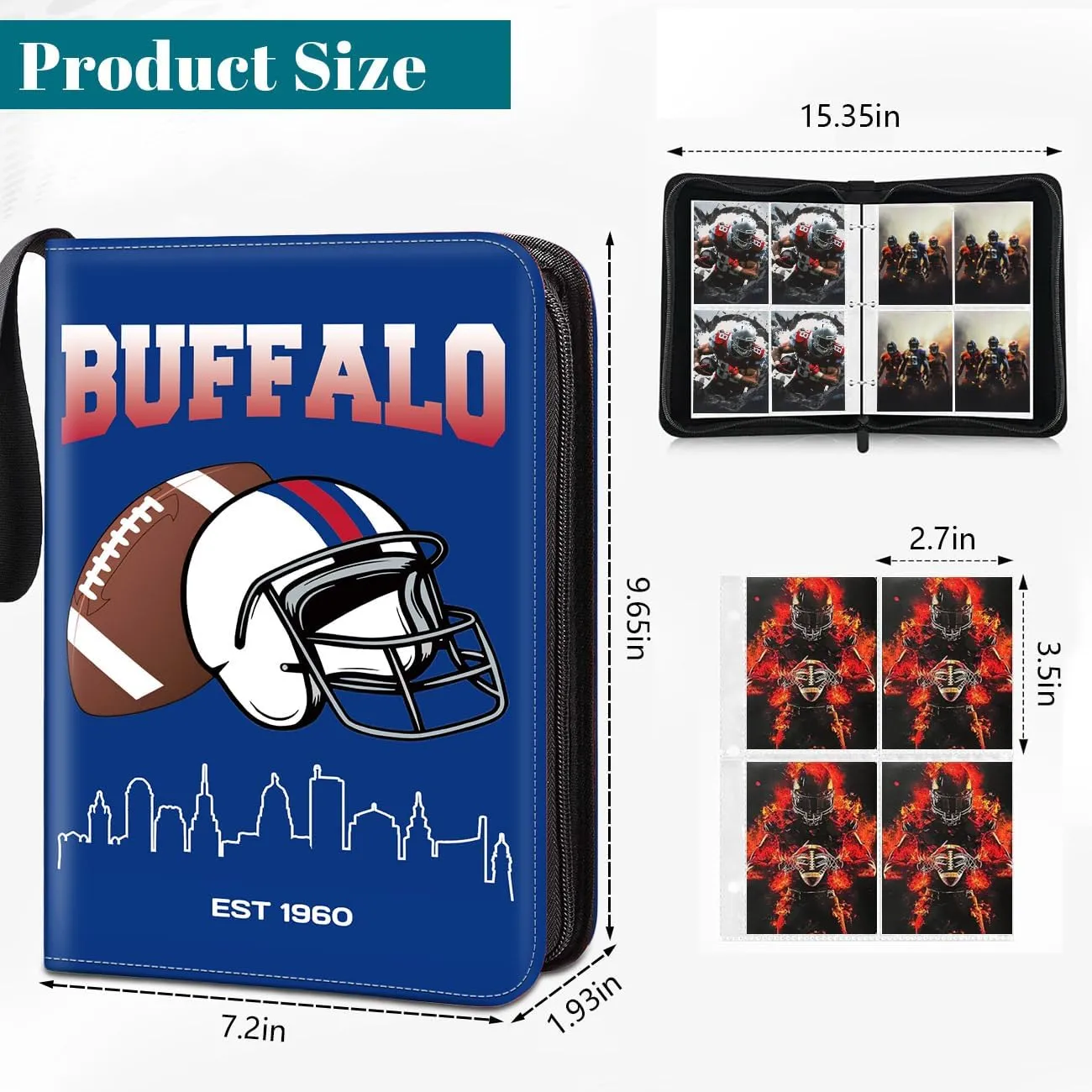 Football Card Binder, Buffalo Trading Card Holder Protectors, 4 Pocket Fits 400 Cards with 50 Removable Sleevesves Card Storage Album Folder Case Collector