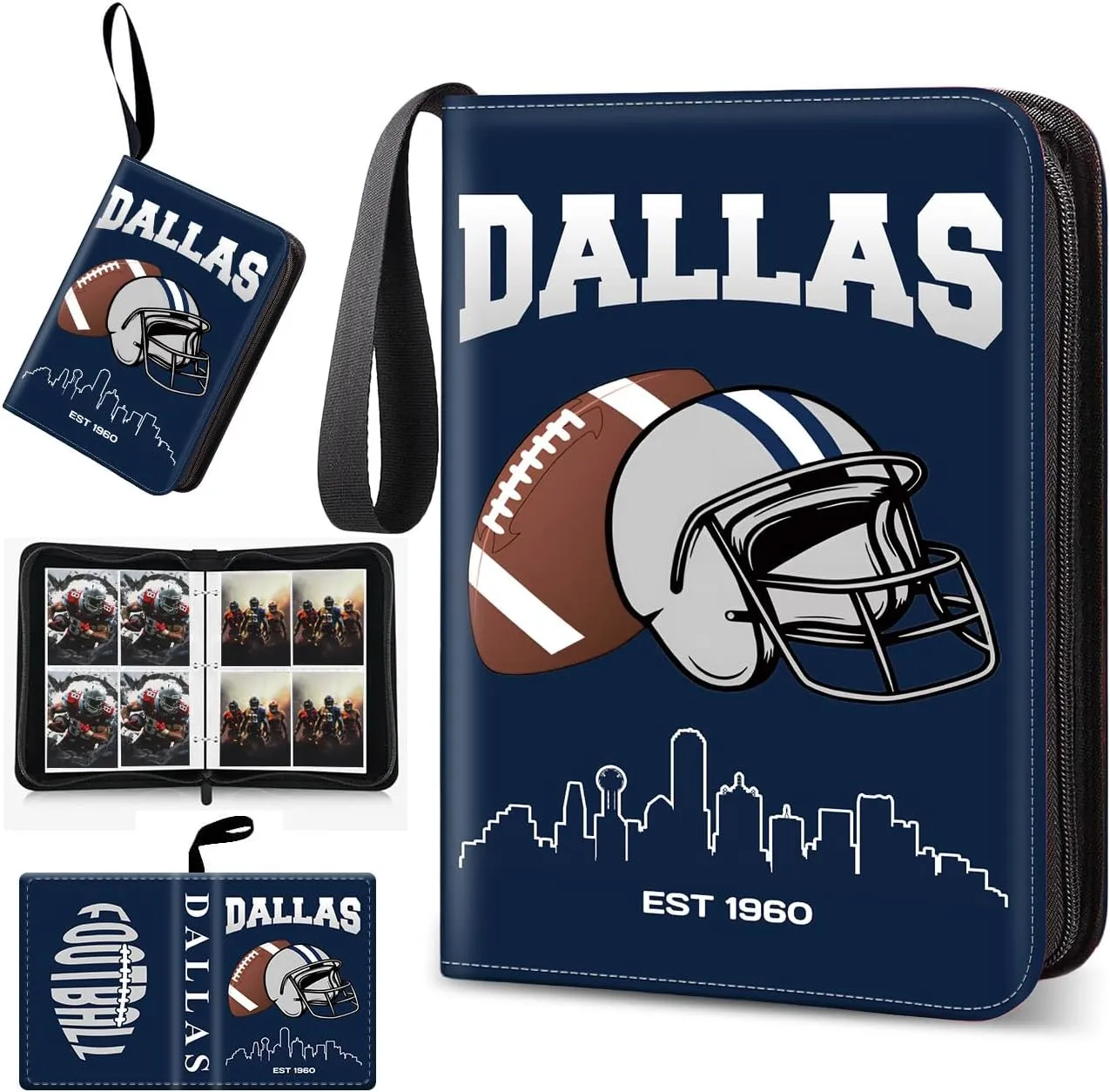 Football Card Binder, Dallas Trading Card Holder Protectors, 4 Pocket Fits 400 Cards with 50 Removable Sleevesves Card Storage Album Folder Case Collector