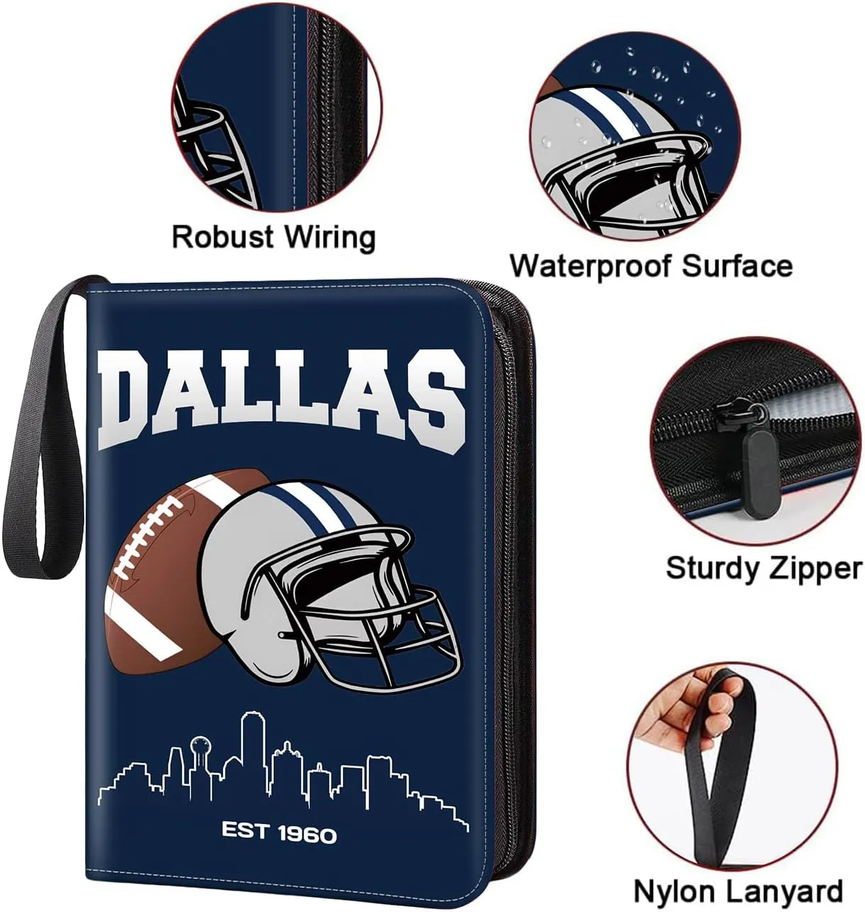 Football Card Binder, Dallas Trading Card Holder Protectors, 4 Pocket Fits 400 Cards with 50 Removable Sleevesves Card Storage Album Folder Case Collector