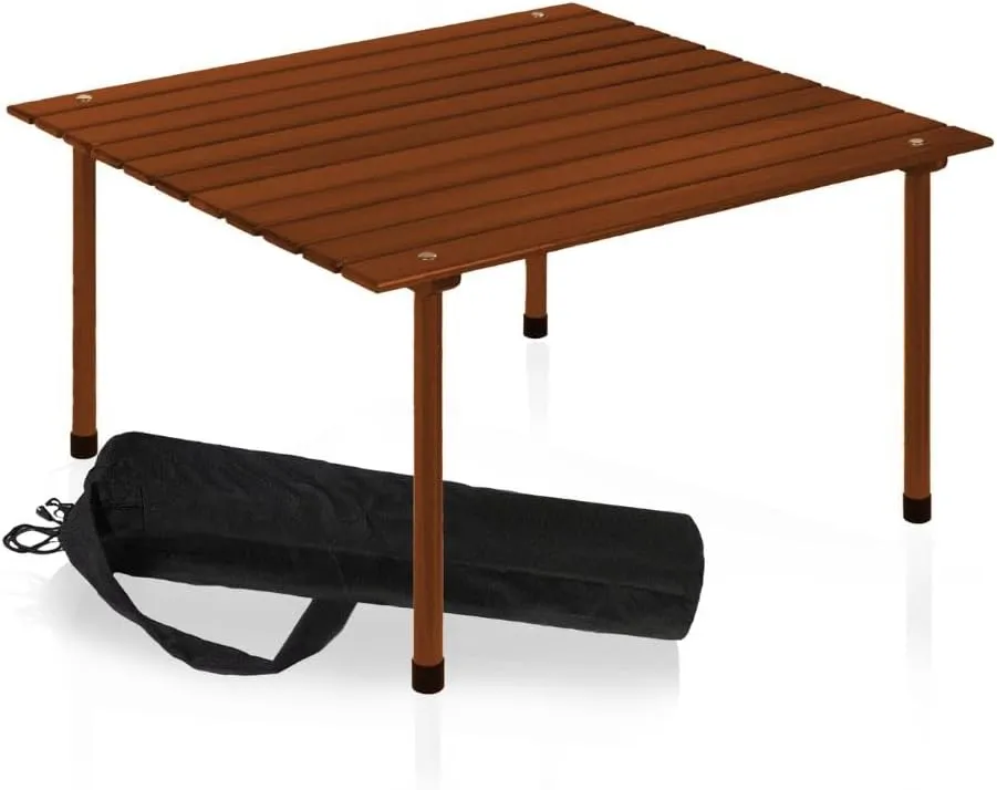 Formosa Covers Portable Wood Roll Up Table for Picnics, Camping, Beach, Parties, Charcuterie, Travel, Tailgate, Outdoor Events with Black Carrying Bag Size 26" Lx26 Wx16 H (Dark Teak Finish)