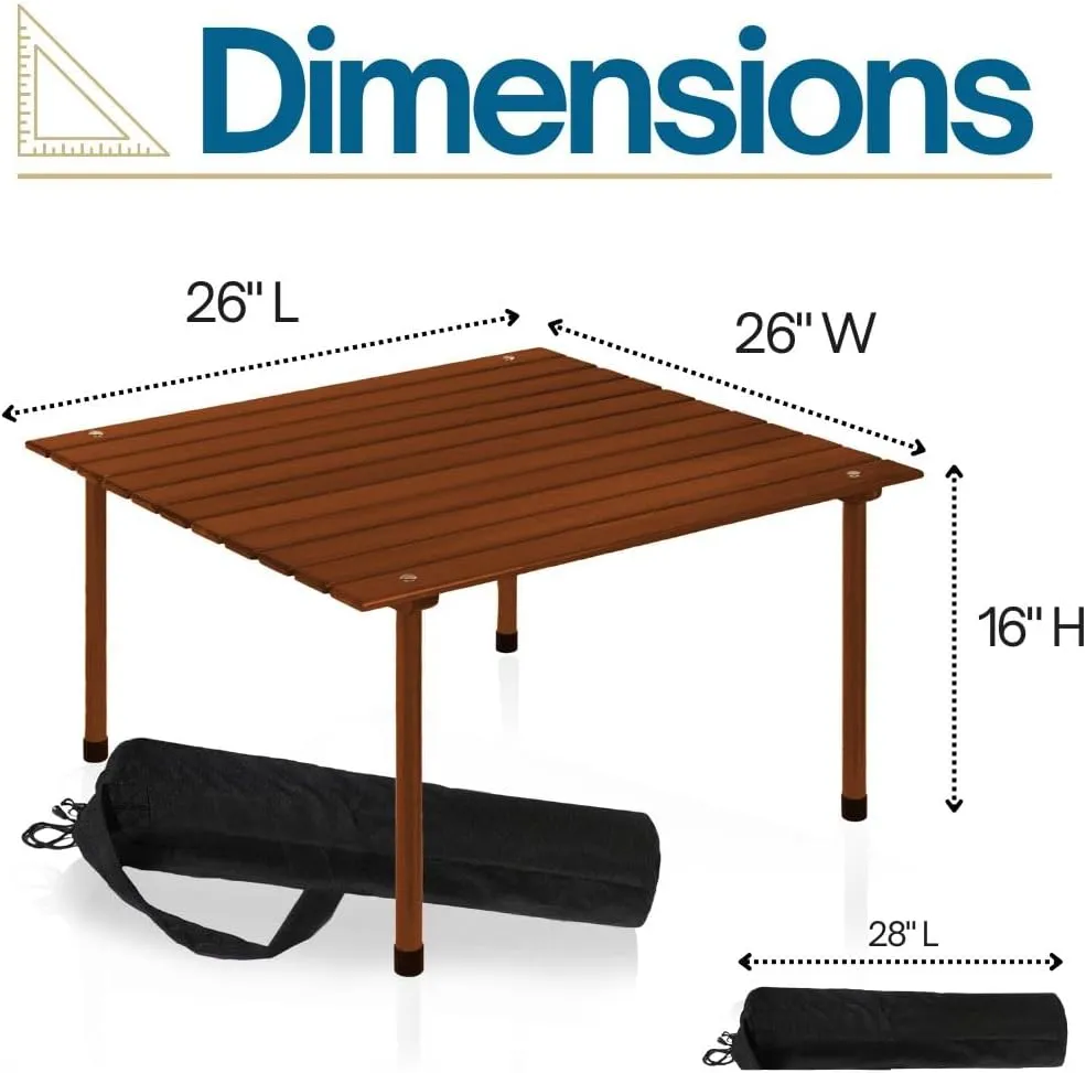 Formosa Covers Portable Wood Roll Up Table for Picnics, Camping, Beach, Parties, Charcuterie, Travel, Tailgate, Outdoor Events with Black Carrying Bag Size 26" Lx26 Wx16 H (Dark Teak Finish)