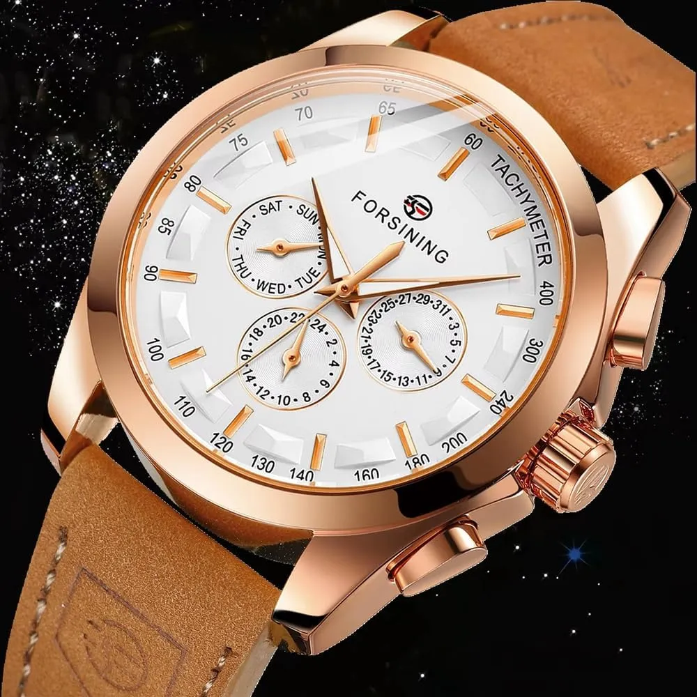 FORSINING Wristwatch for Man Waterproof Luminous Multifunctional Automatic Mechanical Watch Luxury Gold Black Leather Men's Watches Calendar Week and 24-Hour Display