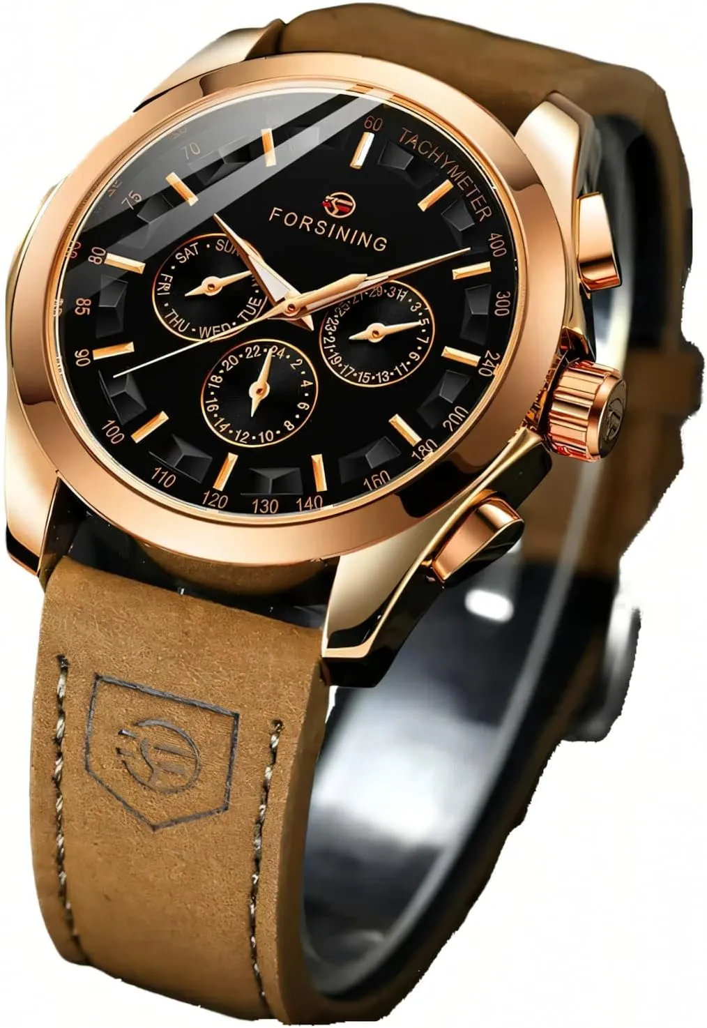 FORSINING Wristwatch for Man Waterproof Luminous Multifunctional Automatic Mechanical Watch Luxury Gold Black Leather Men's Watches Calendar Week and 24-Hour Display