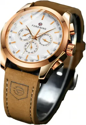 FORSINING Wristwatch for Man Waterproof Luminous Multifunctional Automatic Mechanical Watch Luxury Gold Black Leather Men's Watches Calendar Week and 24-Hour Display
