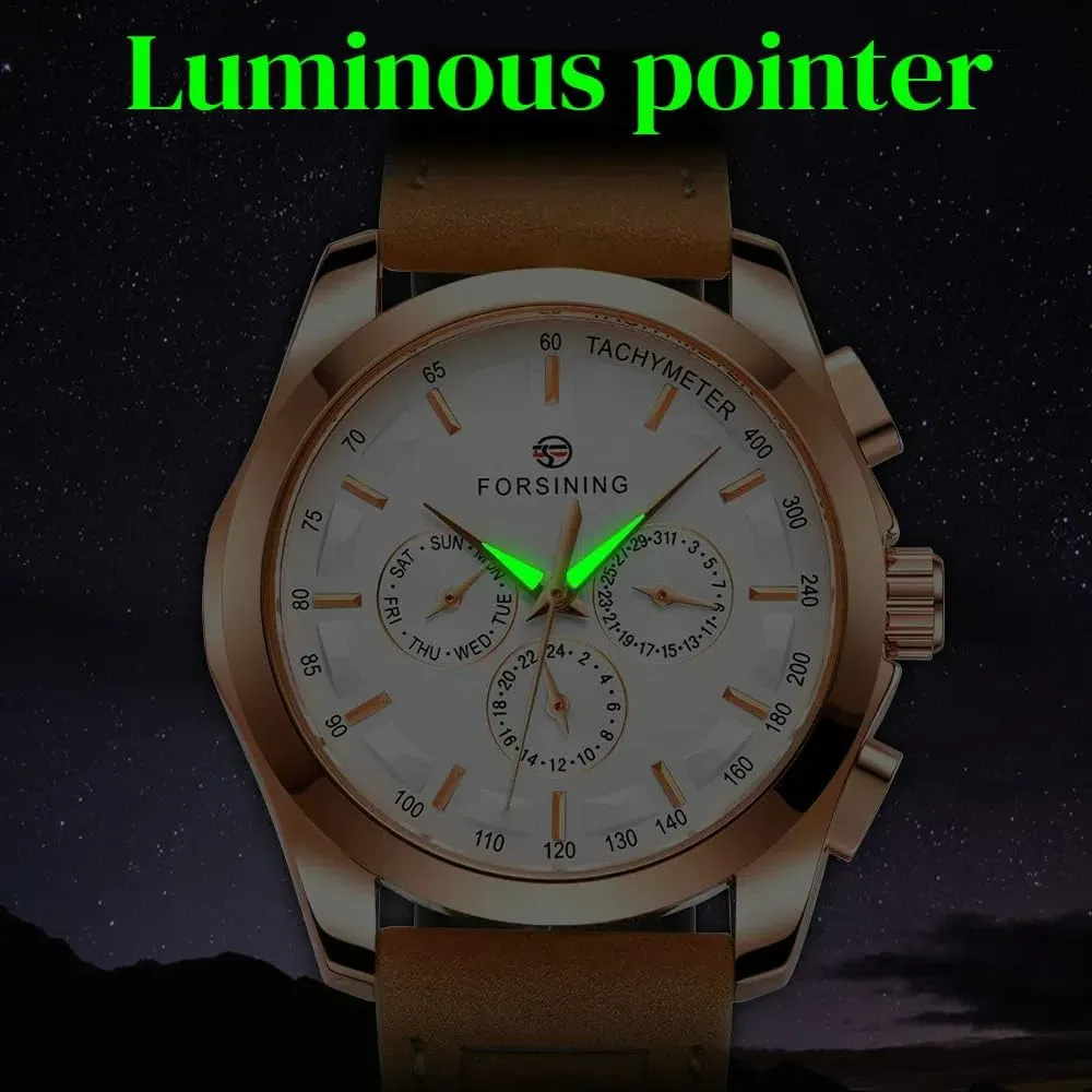 FORSINING Wristwatch for Man Waterproof Luminous Multifunctional Automatic Mechanical Watch Luxury Gold Black Leather Men's Watches Calendar Week and 24-Hour Display