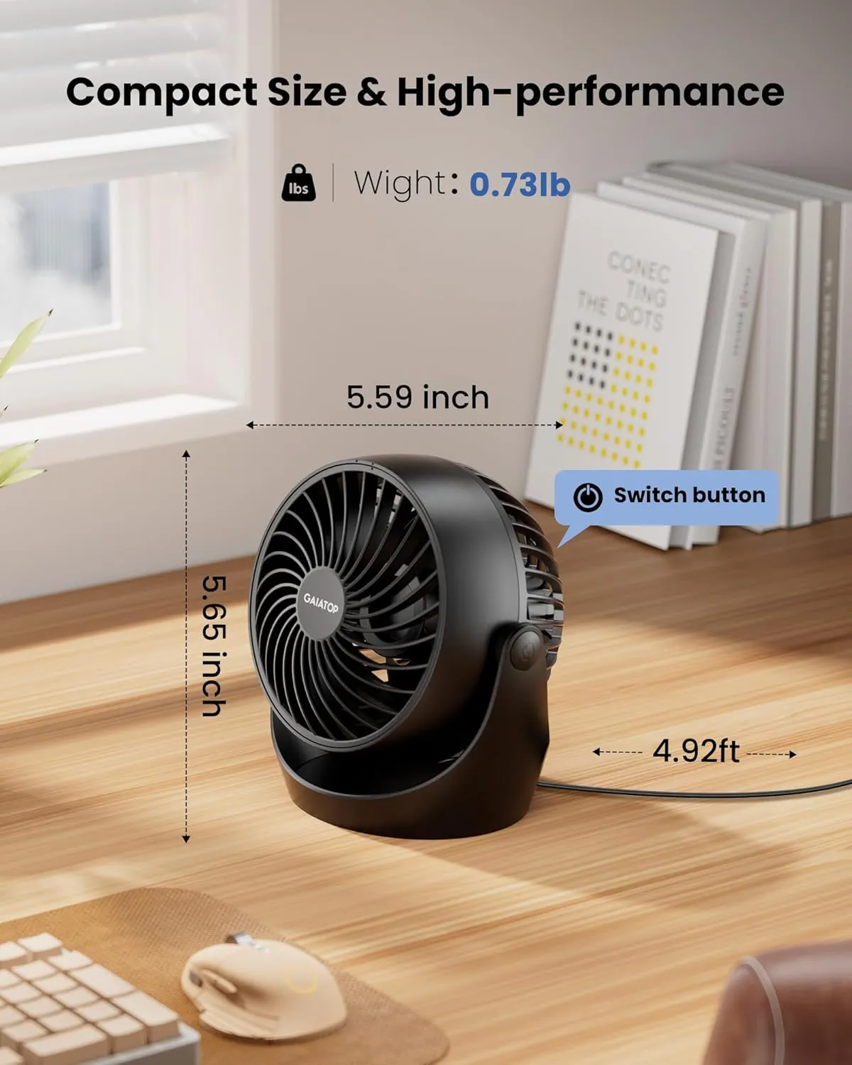 Gaiatop Desk Fan, 5-Inch Portable Electric Table Desktop Air Circulator Fans, Small but Powerful with 3 Speed 360° Adjustable Tilt for Cooling Home Dorm Office Bedroom Bathroom Kitchen, Black