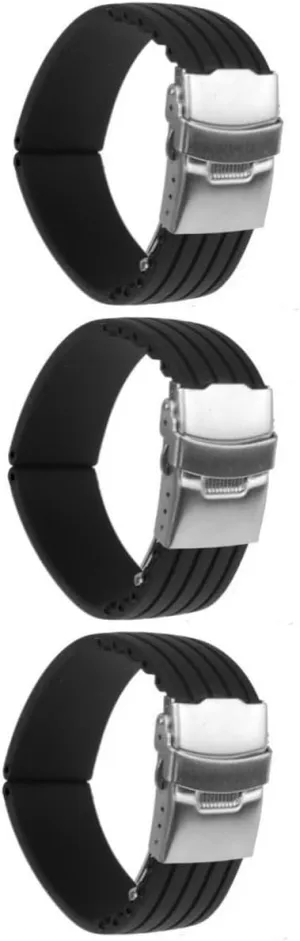 GALPADA 3pcs Silicone Watch Band Strap with Stainless Steel Clasp Buckle for Sports and Diver Watches Soft Black Design Release Fit for Lug