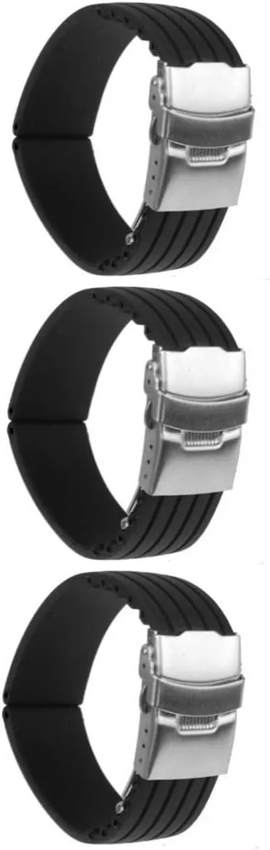 GALPADA 3pcs Silicone Watch Band Strap with Stainless Steel Clasp Buckle for Sports and Diver Watches Soft Black Design Release Fit for Lug