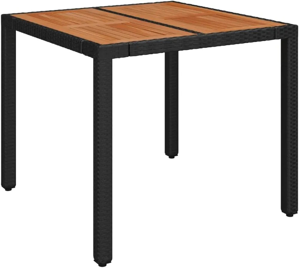 Garden Table with Black Poly Rattan, Outdoor Furniture, Camping, Dining, Kitchen, Coffee, Wooden Top - 90 x 90 x 75 cm