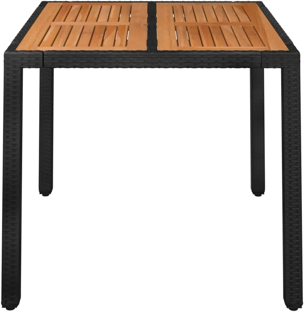 Garden Table with Black Poly Rattan, Outdoor Furniture, Camping, Dining, Kitchen, Coffee, Wooden Top - 90 x 90 x 75 cm