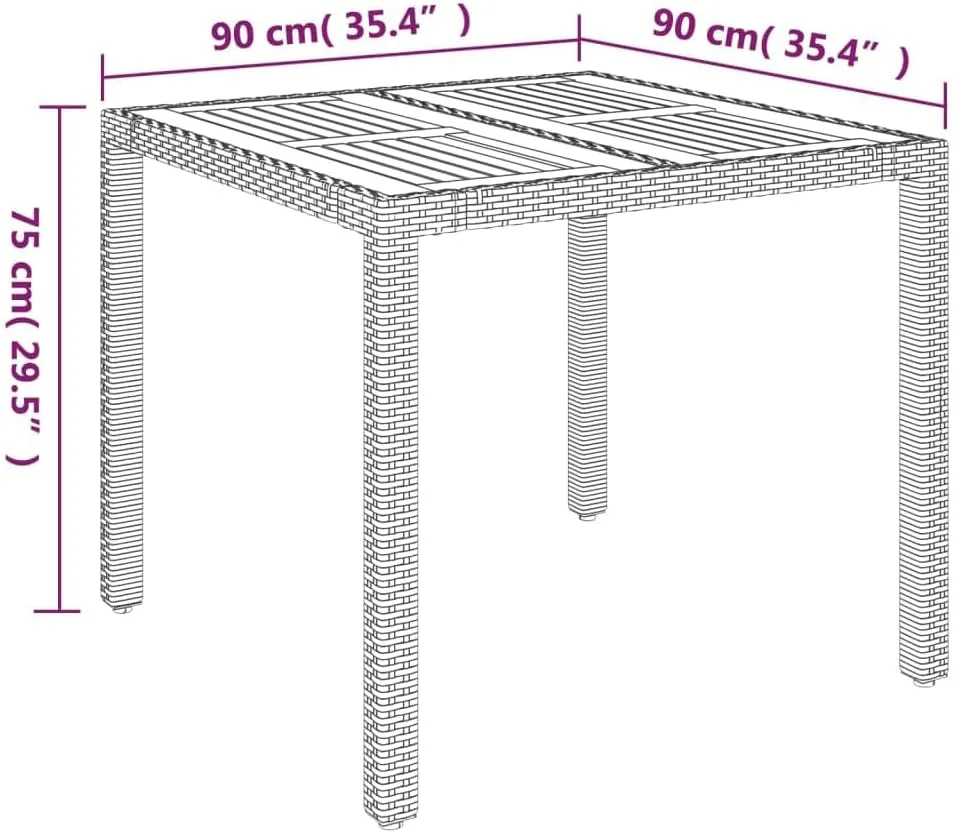 Garden Table with Black Poly Rattan, Outdoor Furniture, Camping, Dining, Kitchen, Coffee, Wooden Top - 90 x 90 x 75 cm