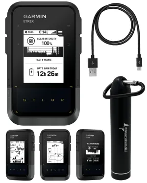 Garmin eTrex Solar, GPS Handheld Navigator, Unlimited Battery Life, Water Resistant with Wearable4U Power Bank Bundle