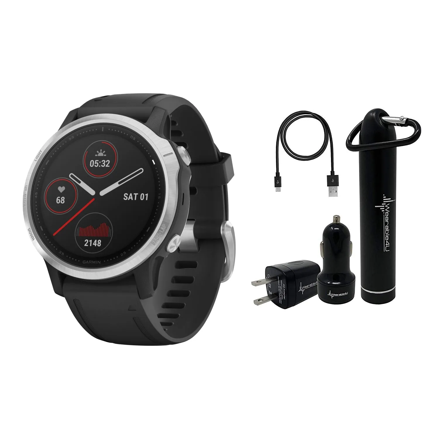 Garmin Fenix 6S Smaller-Sized Multisport GPS Watch with Wrist-Based Heart Rate Pulse Ox and Wearable4U Ultimate Power Bundle