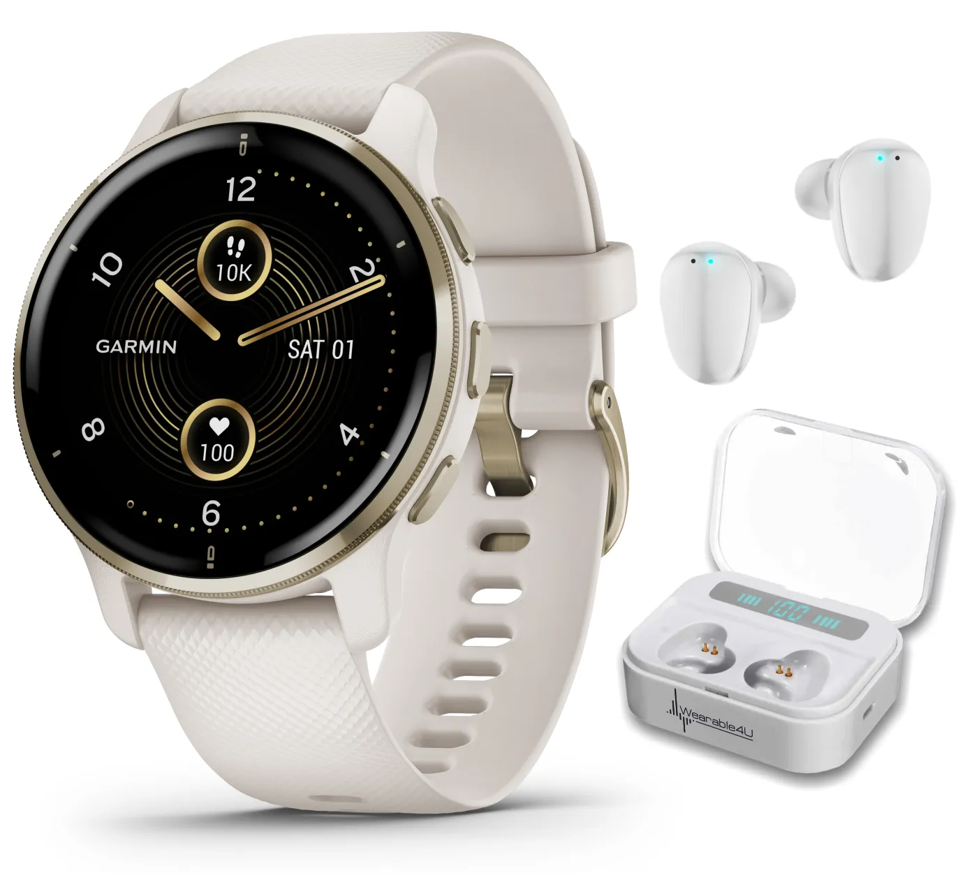 Garmin Venu 2 Plus GPS Multisport Smartwatch with Call and Text, Music, Adv HM FF and Wearable4U EarBuds Bundle
