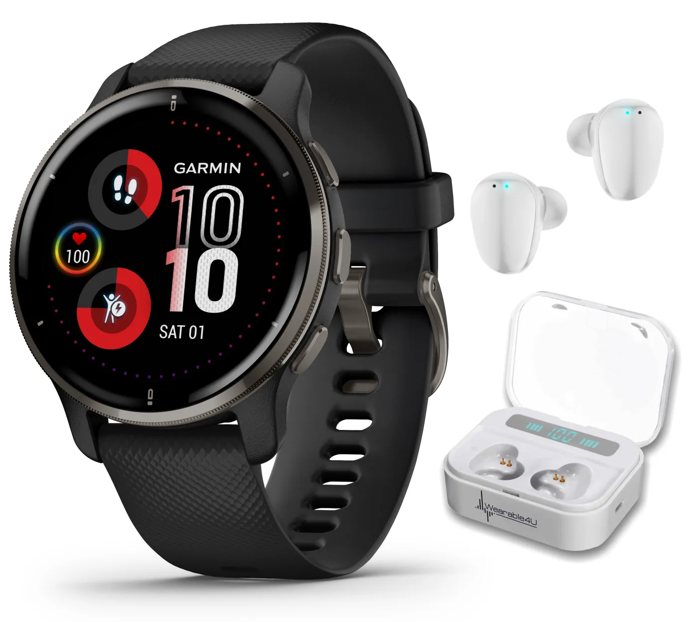 Garmin Venu 2 Plus GPS Multisport Smartwatch with Call and Text, Music, Adv HM FF and Wearable4U EarBuds Bundle