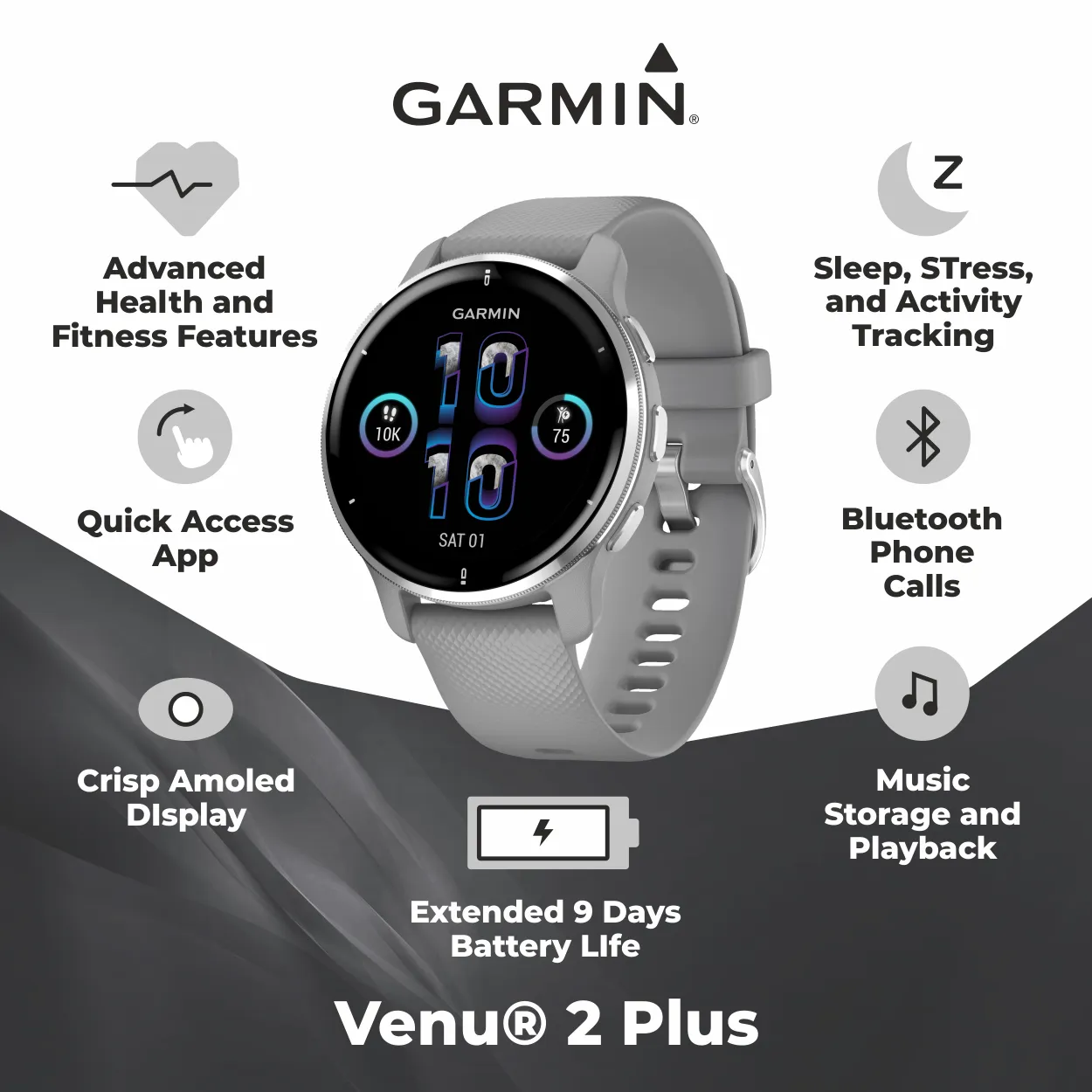 Garmin Venu 2 Plus GPS Multisport Smartwatch with Call and Text, Music, Adv HM FF and Wearable4U EarBuds Bundle