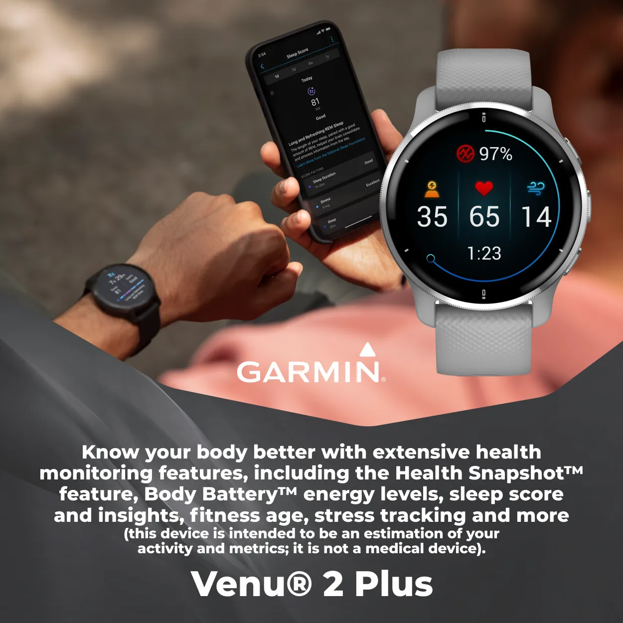 Garmin Venu 2 Plus GPS Multisport Smartwatch with Call and Text, Music, Adv HM FF and Wearable4U EarBuds Bundle