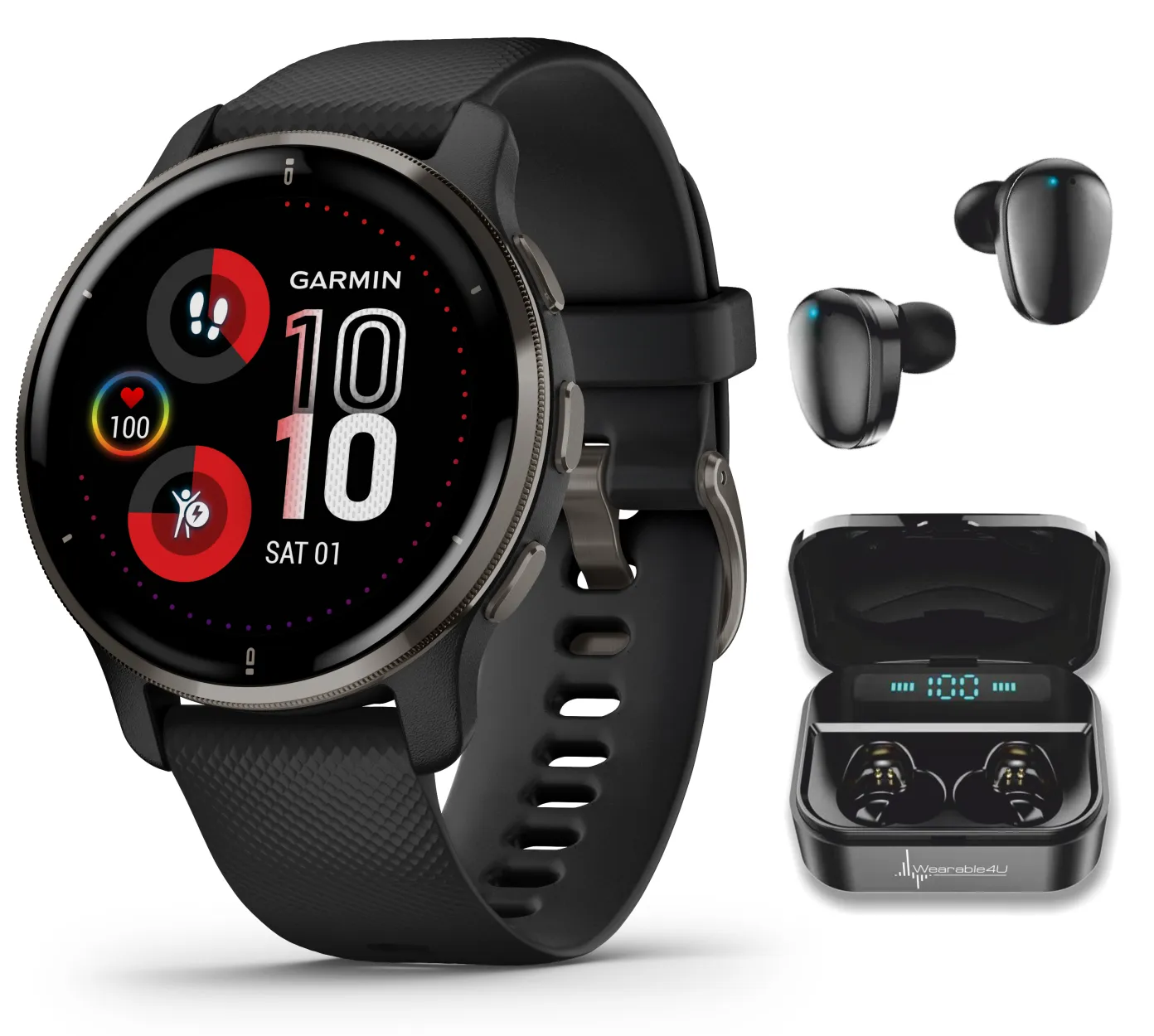 Garmin Venu 2 Plus GPS Multisport Smartwatch with Call and Text, Music, Adv HM FF and Wearable4U EarBuds Bundle