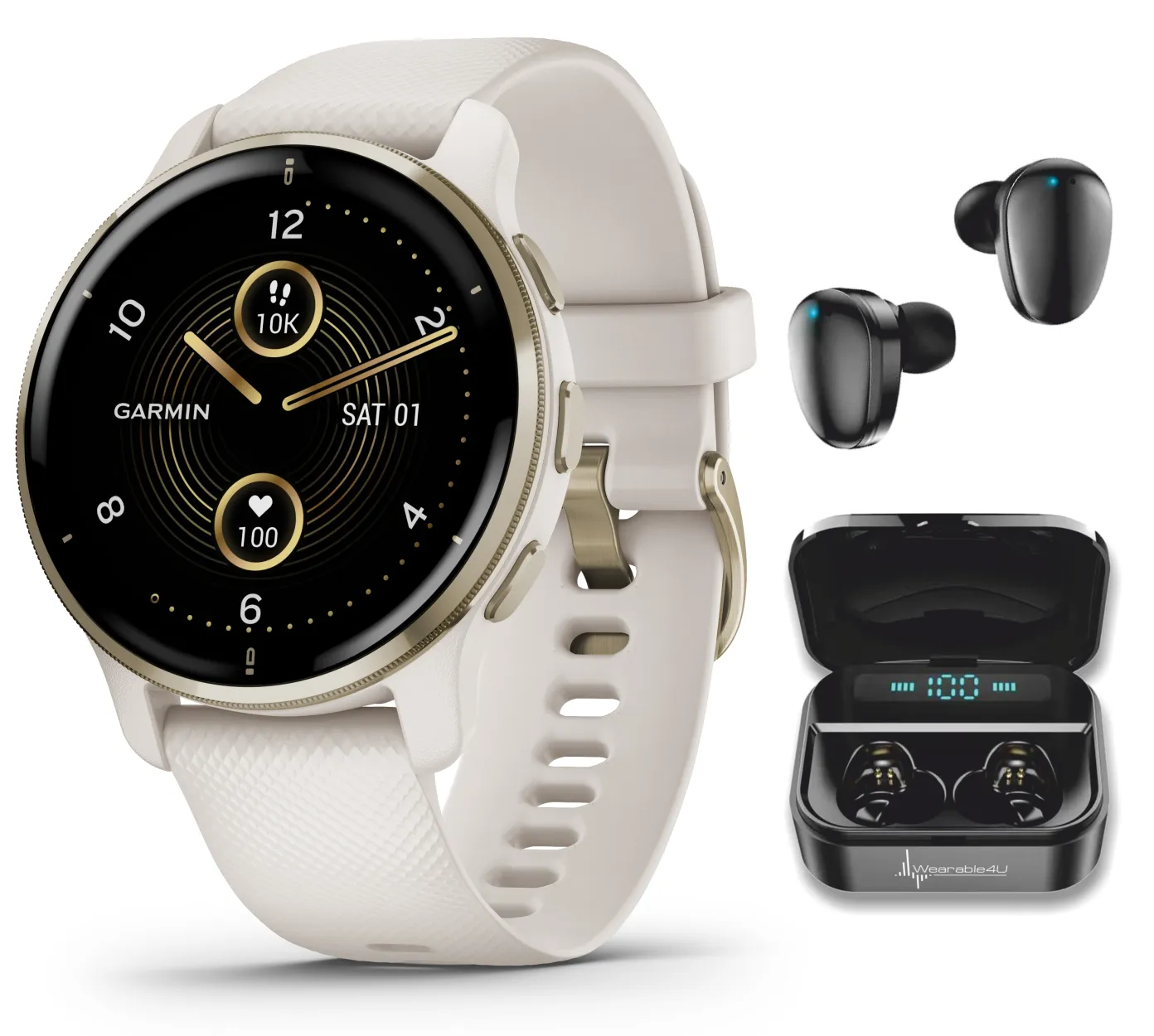 Garmin Venu 2 Plus GPS Multisport Smartwatch with Call and Text, Music, Adv HM FF and Wearable4U EarBuds Bundle