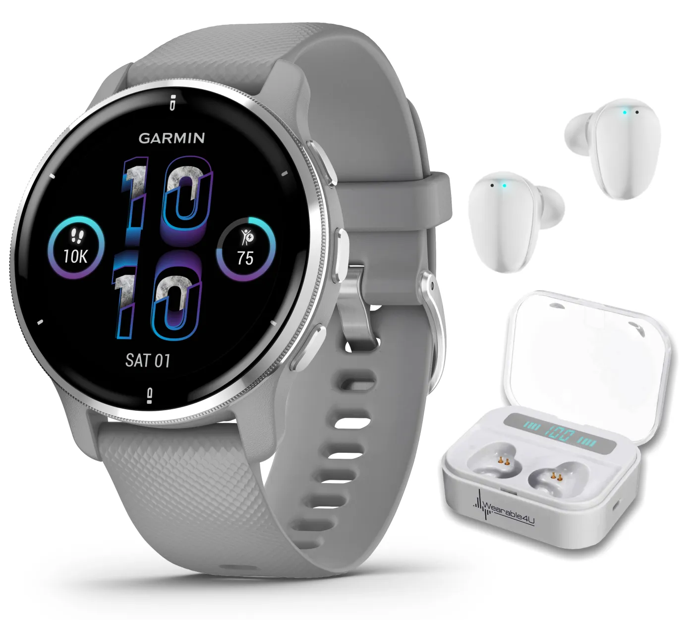 Garmin Venu 2 Plus GPS Multisport Smartwatch with Call and Text, Music, Adv HM FF and Wearable4U EarBuds Bundle