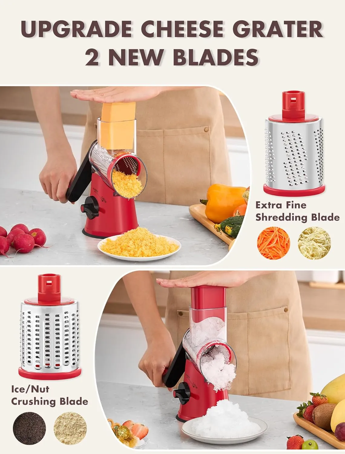 GDL Rotary Cheese Grater, Upgraded 5-in-1 Cheese Grater Hand Crank, Multi-purpose Cheese Shredder with Handle, Vegetable Slicer Cutter Ice Shaver for Potato, Carrot, Nuts, Chocolate, Red