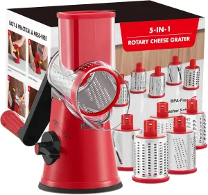 GDL Rotary Cheese Grater, Upgraded 5-in-1 Cheese Grater Hand Crank, Multi-purpose Cheese Shredder with Handle, Vegetable Slicer Cutter Ice Shaver for Potato, Carrot, Nuts, Chocolate, Red
