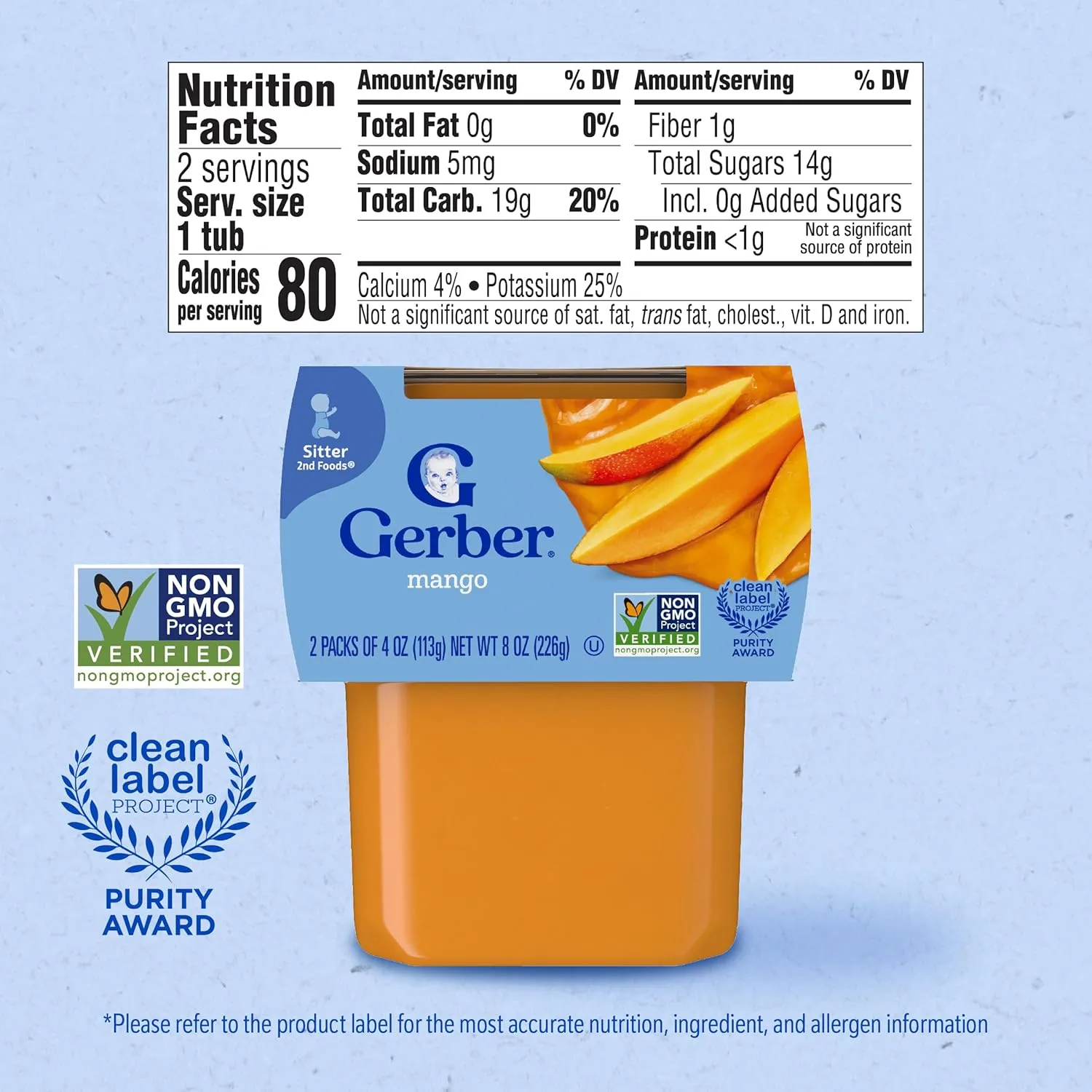 Gerber 2nd Food Baby Food Mango Puree, Natural & Non-GMO, 4 Ounce Tubs, 2-Pack (Pack of 8)