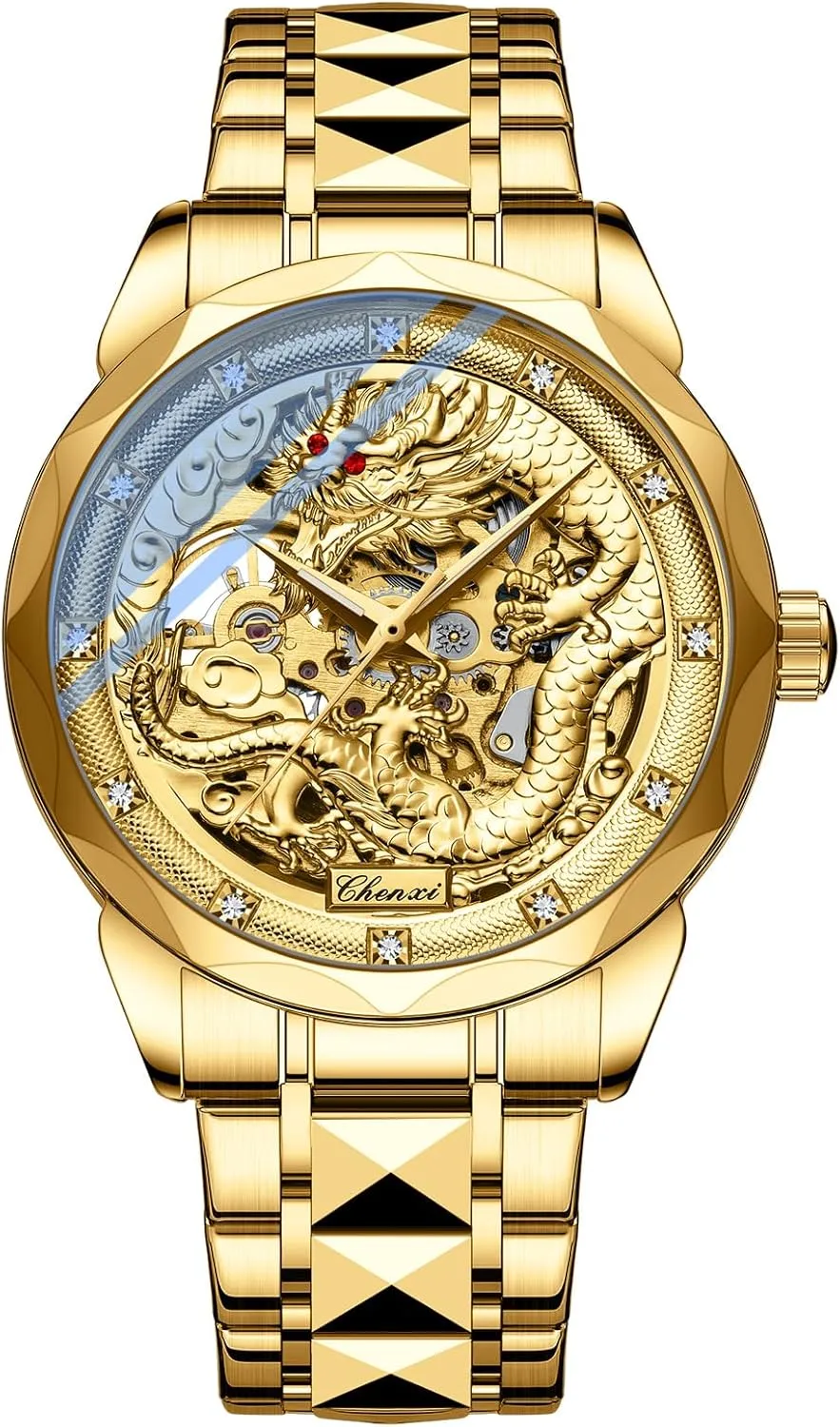 Gold 3D Dragon Dial Watches for Men Luxury Automatic Mechanical Watch Stainless Steel Strap Hollow-Carved Wristwatches