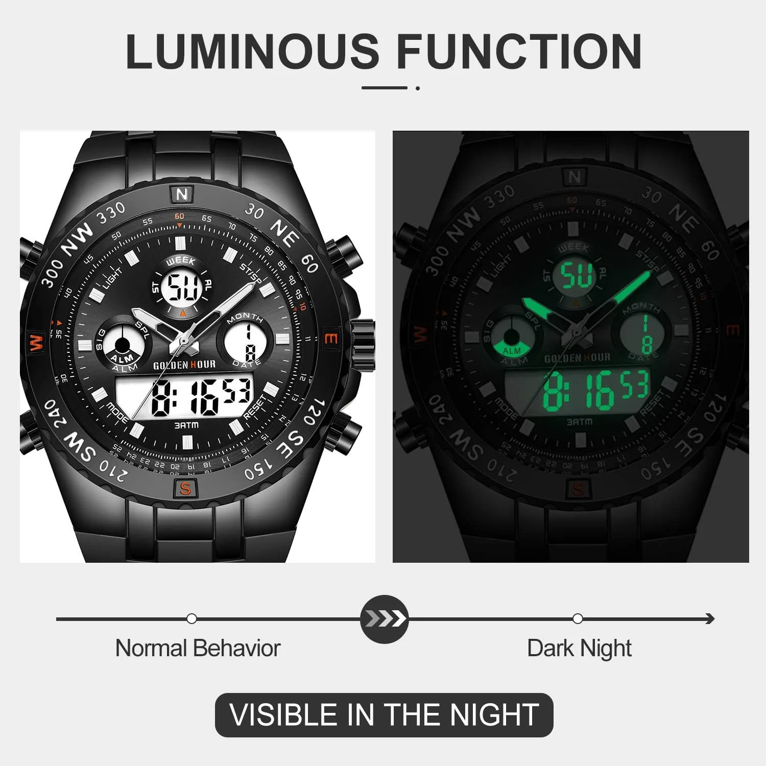 GOLDEN HOUR Luxury Military Sports Men's Watches Large Size Big Face 3ATM Waterproof, Stopwatch, Date and Date, Alarm, Luminous Digital Analog Wrist Watch with Rubber Band