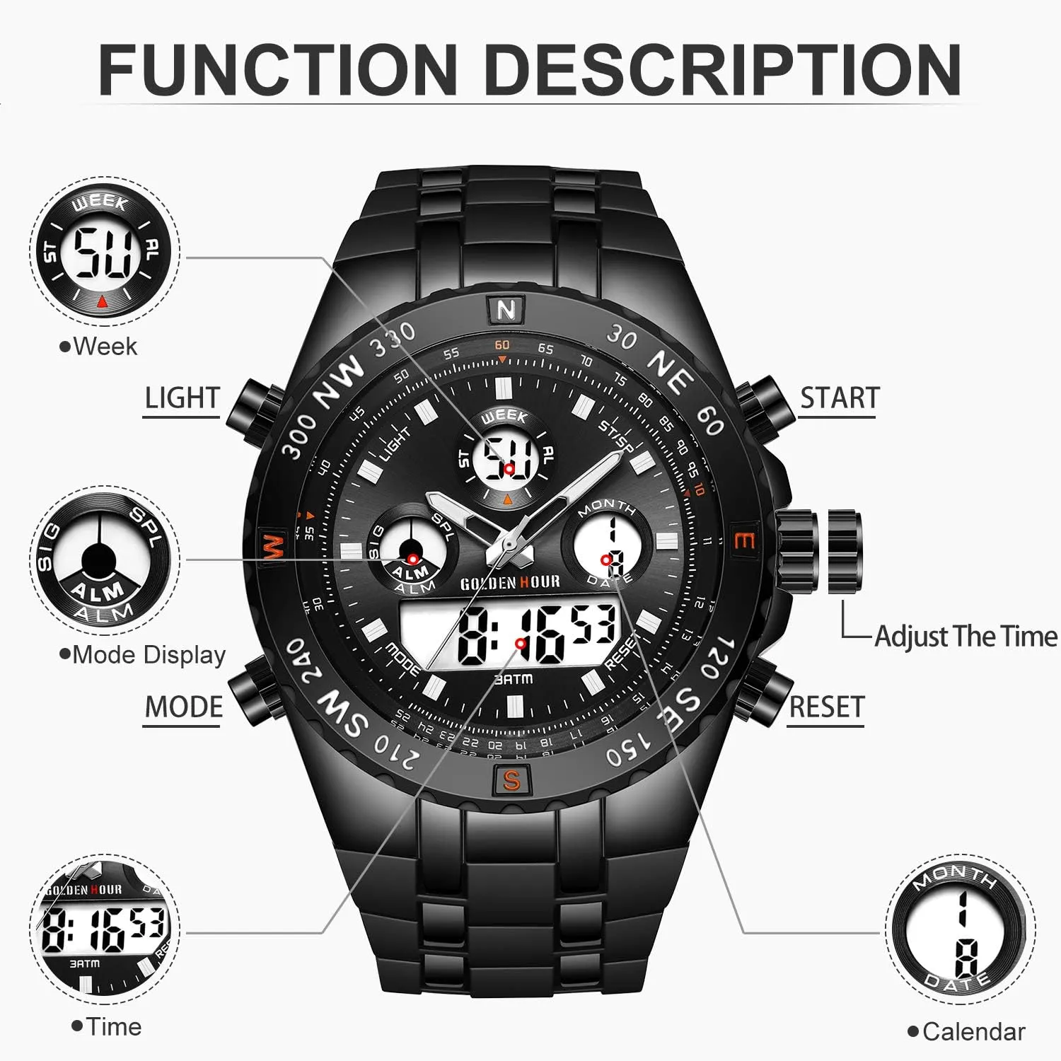 GOLDEN HOUR Luxury Military Sports Men's Watches Large Size Big Face 3ATM Waterproof, Stopwatch, Date and Date, Alarm, Luminous Digital Analog Wrist Watch with Rubber Band