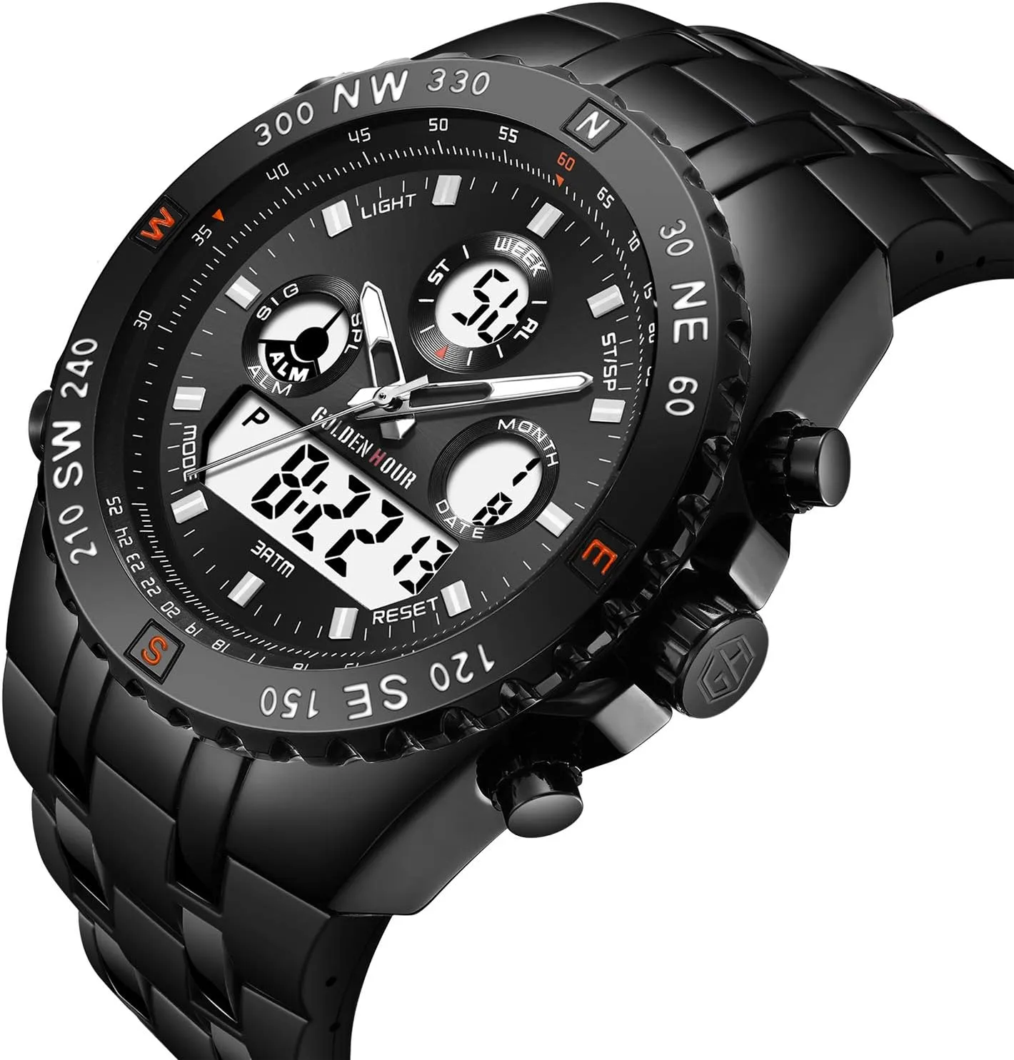 GOLDEN HOUR Luxury Military Sports Men's Watches Large Size Big Face 3ATM Waterproof, Stopwatch, Date and Date, Alarm, Luminous Digital Analog Wrist Watch with Rubber Band